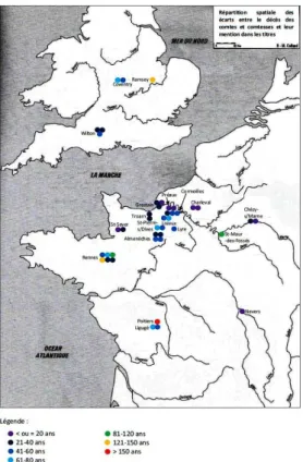 Illustration 4 : Répartition spatiale des écarts entre le décès des comtes et comtesses et leur mention dans les titres