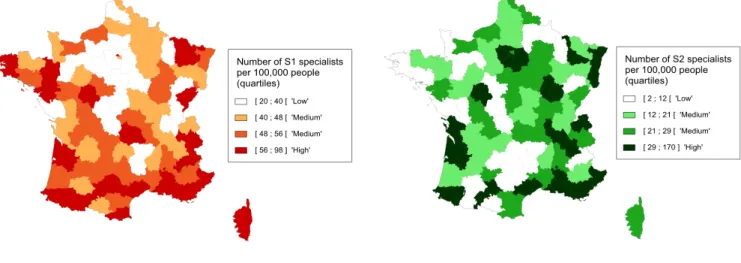 Figure 2: Specialist:population ratio at the département level for Sector 1 and Sector 2 specialists in 2010