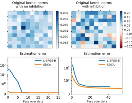 Figure 5: Top: Adjacency matrix of the Hawkes processes used for simulation. Bottom: estimation error of the adjacency matrix A across iterations