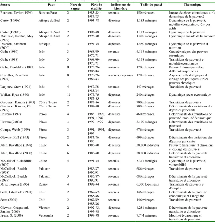 Tableau 9 :  Etudes en panel sur la dynamique de la pauvreté et des revenus 