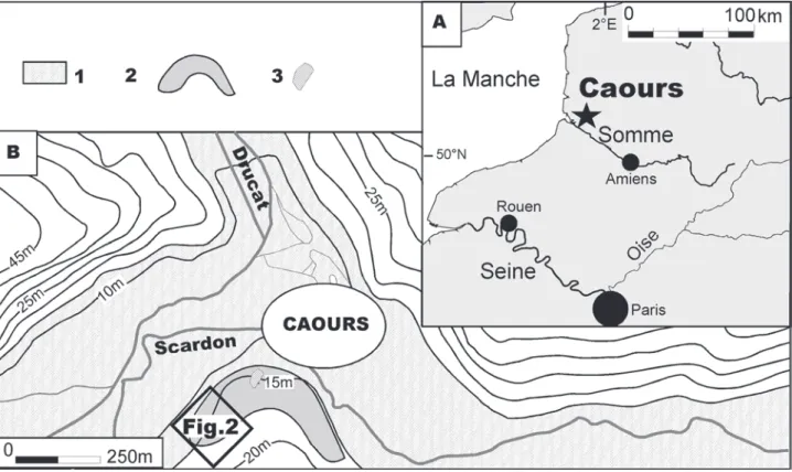Fig. 1 - Localisation (A), et contexte morphologique du site de Caours (B).