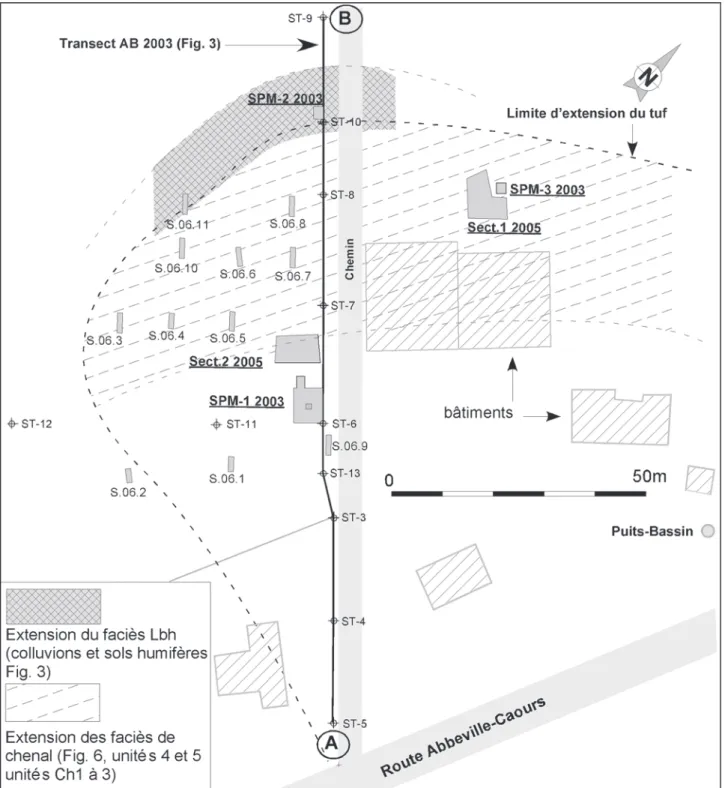 Fig. 2 : Detailed location of the various drillings and excavations. Extension of the tufa formation and of the humic levels characterising the base of the slope sequence (hatching).