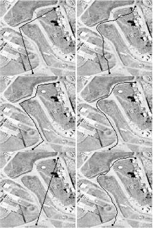 Figure 4: Comparing classical snakes and the proposed approach. The initial data is shown on the left and the result on the right