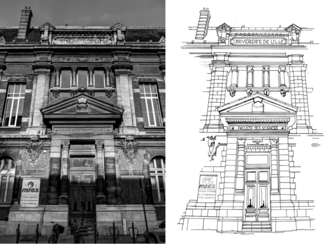 Fig. 1. – Photographie et schéma de l'entrée de l'ancienne Faculté des Sciences de Lille, rue Gosselet à Lille