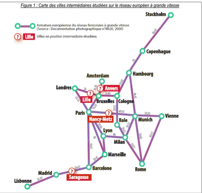 Figure 1 : Carte des villes intermédiaires étudiées sur le réseau européen à grande vitesse 
