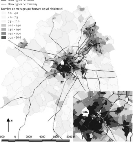 Figure 2  : Densité résidentielle en lien avec le réseau de transport urbain et interurbain