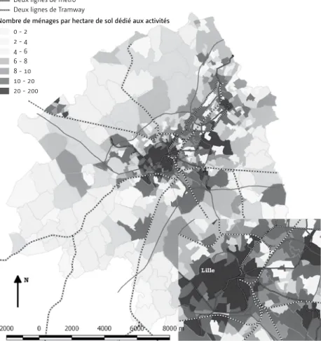 Figure 3  : La densité d’emplois en lien avec le réseau de transport urbain et interurbain