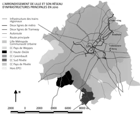 Figure 1  : Les établissements publics de coopération intercommunale dans l’arrondissement de  Lille et le réseau des grandes infrastructures de transport