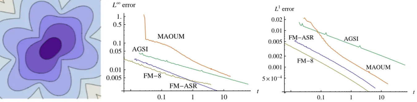 Figure 10: Level lines of the first test case [17]. L ∞ error (center) and averaged L 1 error (right), with respect to a reference solution, plotted as a function of CPU time