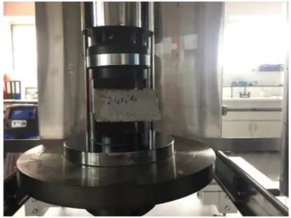 Figure 9.13 : Compressive strength test on cement paste on the MTS press of the laboratory.