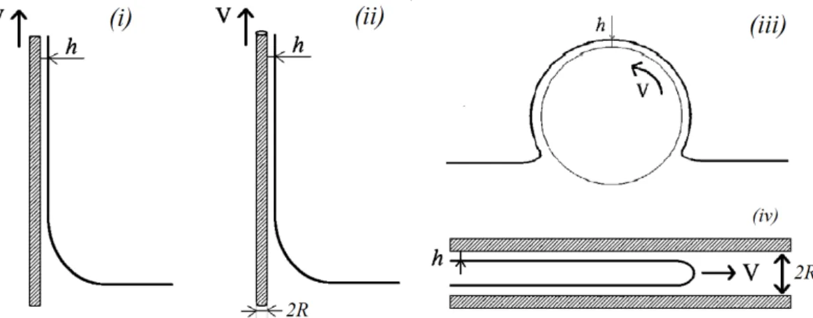 Figure 3.1 – Sketches of the most common configuration used for fluid coating: (i) coating of a plate drawn out of a bath; (ii) coating of a fiber; (iii) coating of a rotating roll; (iv) coating of the wall of a channel