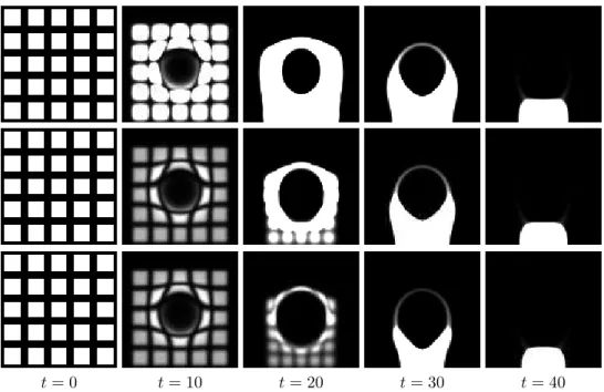 Fig. 4.1 . Display of the influence of the congestion parameter κ on the evolution (the driving potential w is displayed on the upper-right corner of Figure 4.2 )