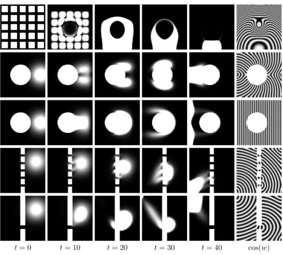 Fig. 4.2 . Display of crowd evolution for κ = ||p t=0 || ∞ . The rightmost column display equispaced