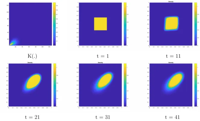 Figure 7: Non local interaction. Top left : Kernel K. Densities at different time steps
