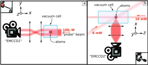 Figure 3.2: (a) Absorption imaging. A resonant probe pulse is sent to the atomic cloud, is partially absorbed, and is collected by camera “EMCCD1”