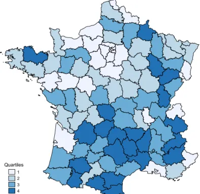 Figure A1 – Difference between municipal and national elections' turnout rates in French  départements, by quartile of the distribution 