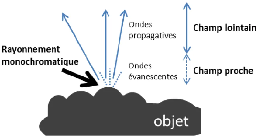 Figure 20 – Représentation des champs lointain et proche respectivement par  des ondes propagatives et évanescentes d’un objet diffract ant un rayonnement 
