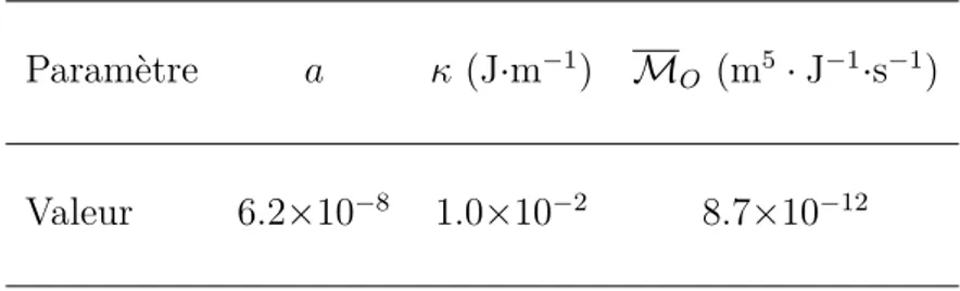 Tableau 3.4 : Valeurs des paramètres du modèle de Cahn-Hilliard binaire