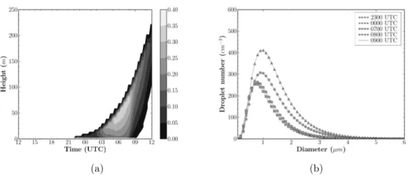Fig. 3.9 : The effects of the nucleation parameterization of Cohard et al. (1998) on (a) the simulated LWC time evolution and (b) the cloud droplet size spectrum simulated at 2-m height.