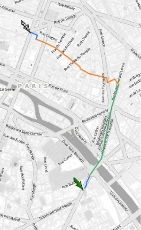 Figure 1.1: Example of a multi-modal path. The path consists of walking (blue line), public transportation (green line), and rental bicycle (orange line)