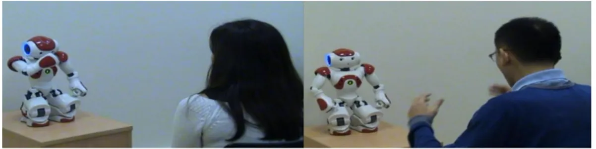 Figure 2-6 – Two participants are interacting with the robot. Each one expressed an emotion and the robot tried to recognize it