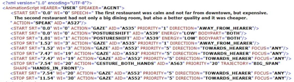 Figure 3-4 – Synchronization XML animation script for the generated verbal and nonverbal combined behavior