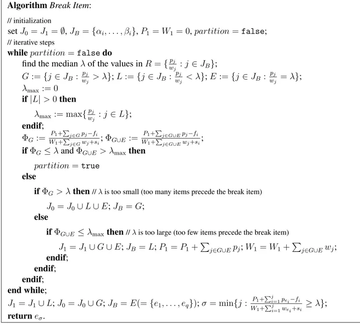 Figure 4 reports the pseudo-code of the algorithm that can be used to determine the break item for a given item class in linear time.