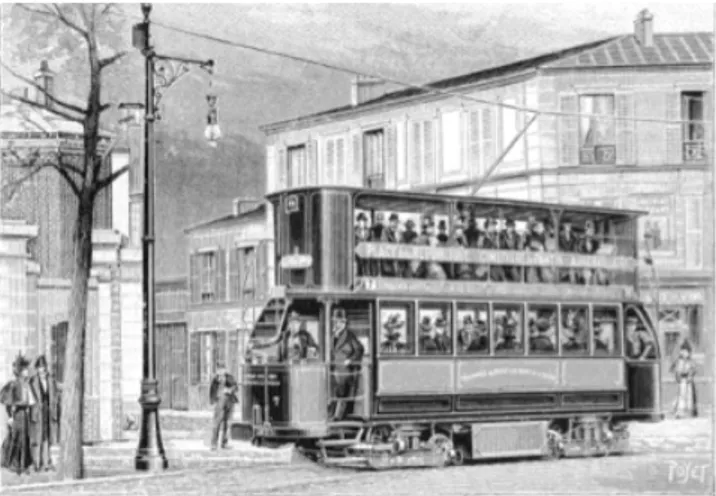 Figure 10 : La CGO exploite des tramways électriques alimentés par accumulateurs en ville et  par trolleys aériens extra muros (1898) 