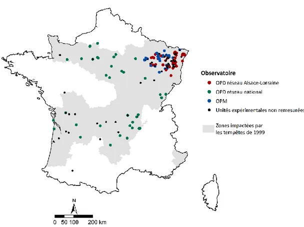 Figure  8  |  Carte  des  unités  expérimentales  mesurées  et  non  remesurées  en  2018-2019  sur  les  trois  observatoires