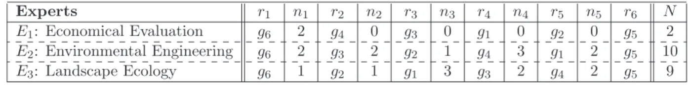 Table 4: Ranking of criteria and blank cards for the three experts (where, g 1 = “investment