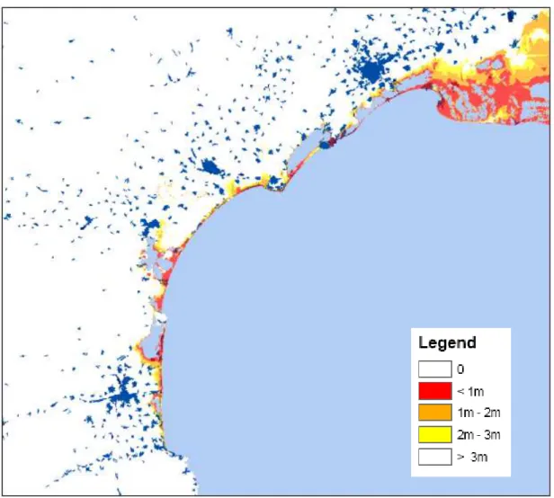 Figure D2 : Carte de la région Languedoc-Roussillon, avec l’urbanisation en bleu et l’altitude  par rapport au niveau de la mer en jaune/orange/rouge