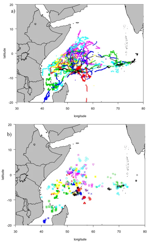Fig. 22: (a) Couverture spatiale de toutes les positions notées par les observateurs, pendant les marées de 2006- 2006-2007