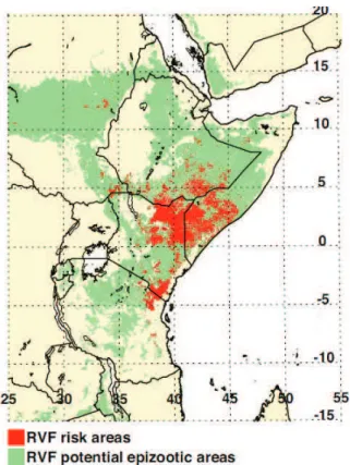 Figure 7 : Carte de risque de foyers de FVR prévue pour décembre 2006 dans la corne de  l’Afrique (extraite de l’article Anaymba et al, 2008) 