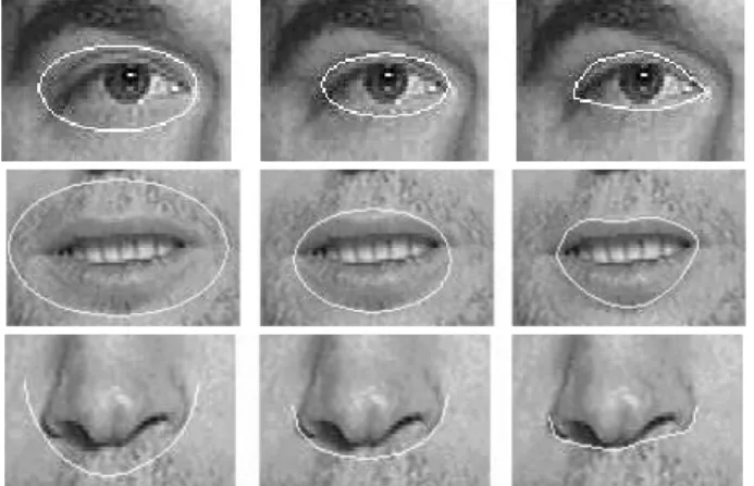 Figure 3. Initialization (ﬁrst column) and re- re-sults obtained with 1 (second column) and then 3 (third column) harmonics for the upper boundary of mouth and eyes and the lower boundary of nose.