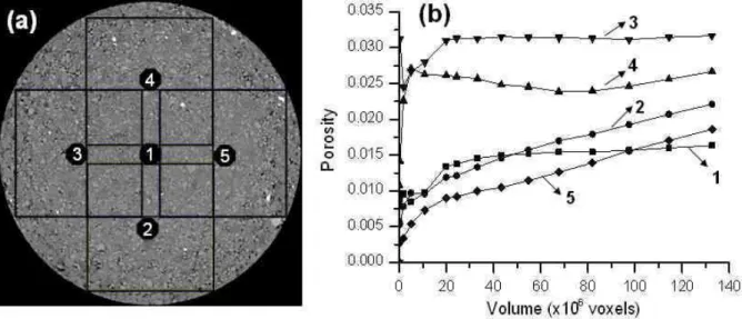 Figure 7. Calculated porosity for different volumes and at different locations in the sample