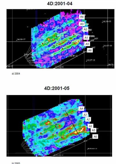 Figure I-19. Sismique 4D: différence d'amplitude entre 2001 et 2004. Projet de Christina Lake, Alberta,  comportant plusieurs doublets de puits horizontaux (Zhang et al., 2005)