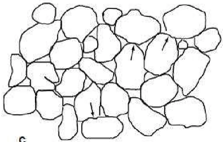 Figure II-2. Microstructure de sable bitumineux d’Athabasca: contacts tangentiels et contacts plans et  interpénétrants (flèches), considérable rugosité de surface (Dusseault et Morgenstern, 1978)