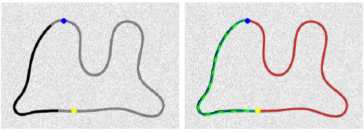 Fig. 8. Comparative results on a synthetic image. Left Prescribed points. Right Geodesic paths obtained from the metrics F aniso (blue dash line), F e