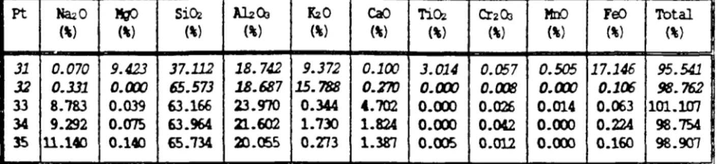 Tableau 2.4.a : Analyses chimiques à la nácroscode (pourcentages pondéraux) effectuées  sur l'échantillon 12.00