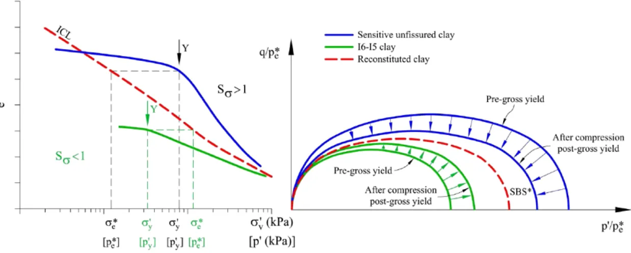 Figure 1-23 : Variation schématisée de la surface de charge normalisée de l’argile intacte et fortement 