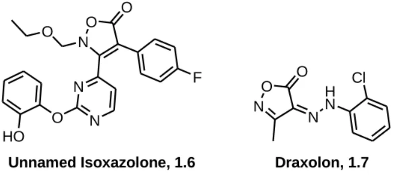 Figure 1.1: Examples of an isoxazolone based inhibitor of a tumor necrosis factor-alpha (TNF- (TNF- ) 1.6, and an arylhydrazonoisoxazolone derivative employed as fungicide, Drazoxolon 1.7