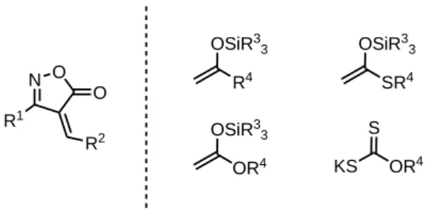 Figure 1.3:  Possible nucleophiles in conjugate addition to alkylidene isoxazolones: silyl enol  ethers and xanthates