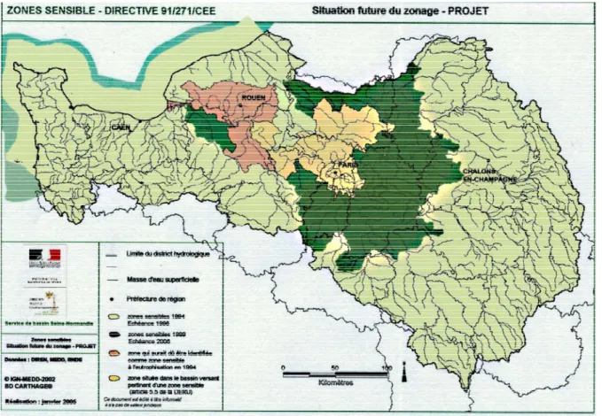 Figure 25. Futur projet de zonage du bassin de la Seine.  (Compte –rendu du Comité de bassin Seine-Normandie, mars 2005) 