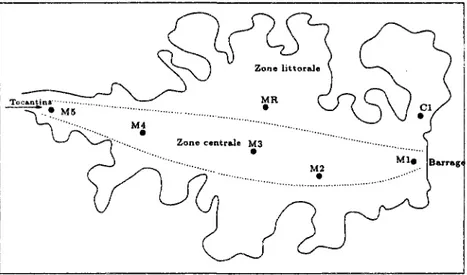 TAB. 3.2 - Caractéristiques morphométriques de la retenue de Tucurui correspondant à la cote  opérationnelle de 72 m, ainsi que quelques différences entre la zone centrale et la zone littorale