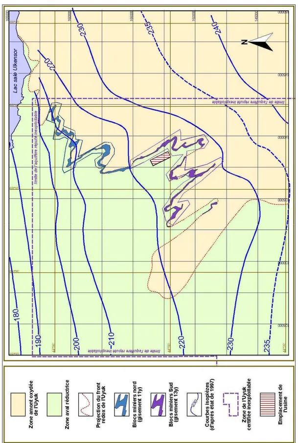 Figure 8 : Permis et bloc miniers du projet Tortkuduk replacés dans la zonalité régionale et la piézométrie  de l'Uyuk