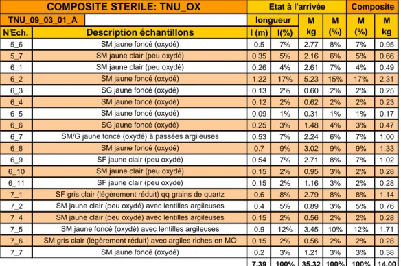 Tableau 8 : Caractéristiques des 19 échantillons ayant servi à la préparation du composite TNU_OX