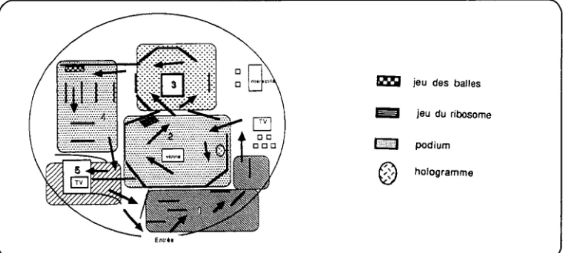 Figure 1 - Plan de l'exposition. Division de l'espace en 5 modules et situation des differents medias utilises