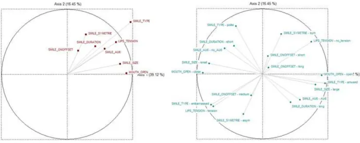 Fig. 9. Correlation circle of the symbolic variables (left) and of the modalities of the variables (right).