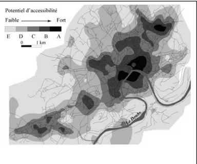 Figure 6 : carte du potentiel d’accessibilité de la ville de Besançon (BANOS, et al., 2010) 