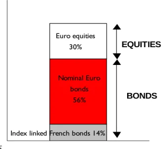 Figure 1 exhibits an example of a long-term strategic  asset allocation for a French complementary  retirement scheme fund, with 70% Euro bonds –  where 20% corresponds to French index linked bonds  – and 30% to Euro equities